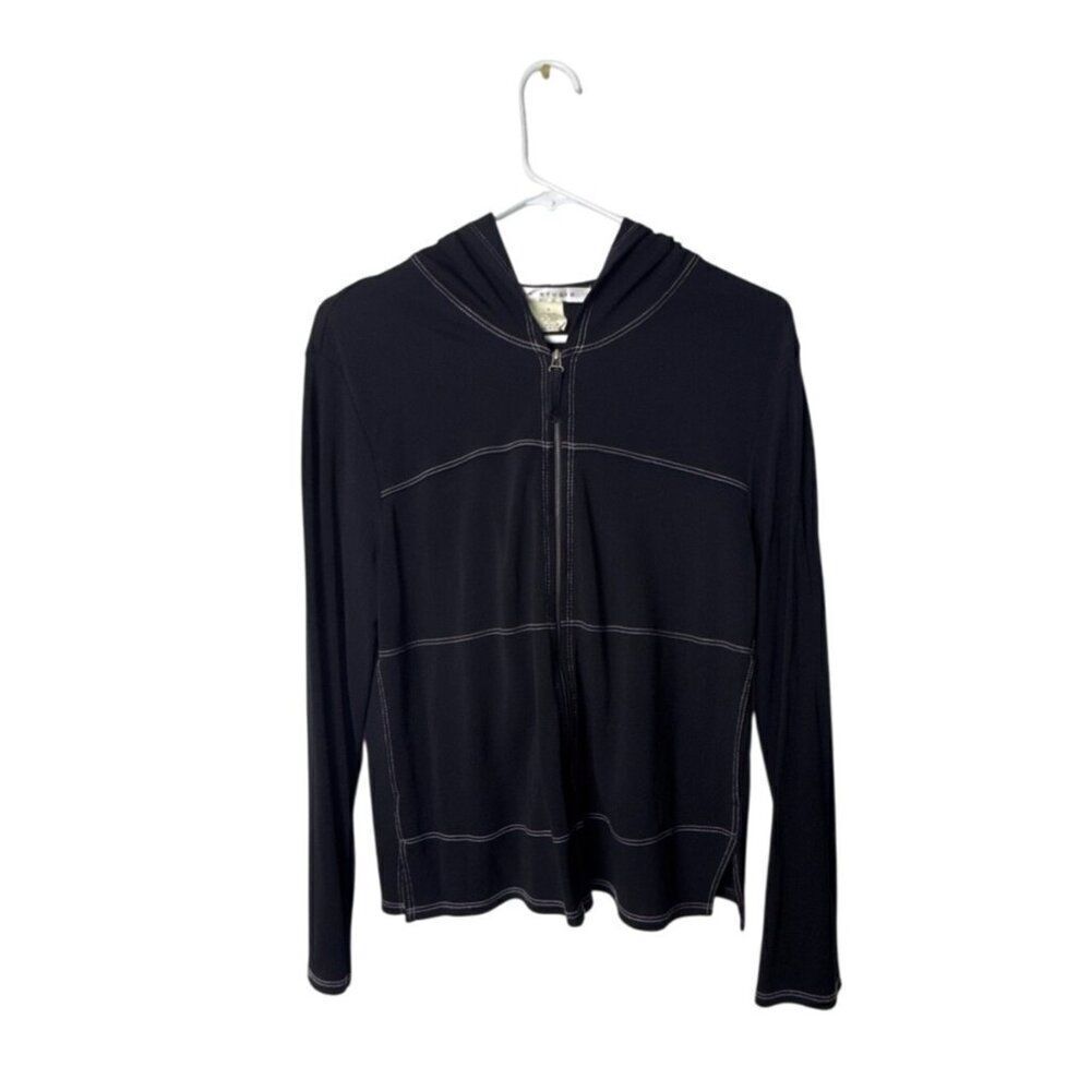 Max Studio Womens Black Zip-Up Hoodie Sweater M Rayon/Polyester Blend